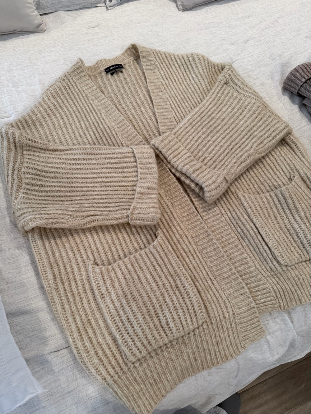 Zara Cream Ribbed Open-Front Cardigan with Pockets - Picture 3 of 4